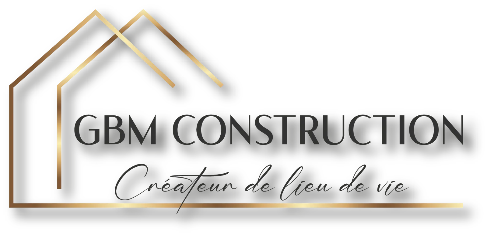 Logo de GBM Construction : une maison dessinée au trait doré au-dessus du nom, avec la devise « Créateur de lieu de vie »